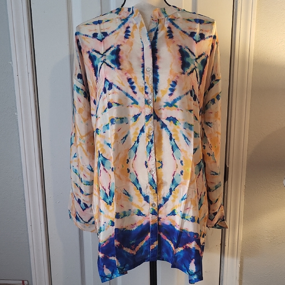 Love Kyla Tie-dye Button Down Silk Blend Tunic